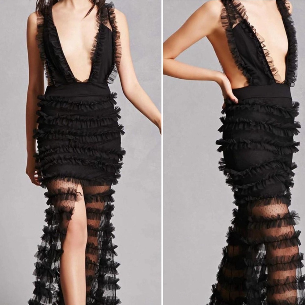 NEW NWT Kiki Riki Black Ruffle Tulle Maxi Dress Medium Party Cocktail‎ Sexy Hot